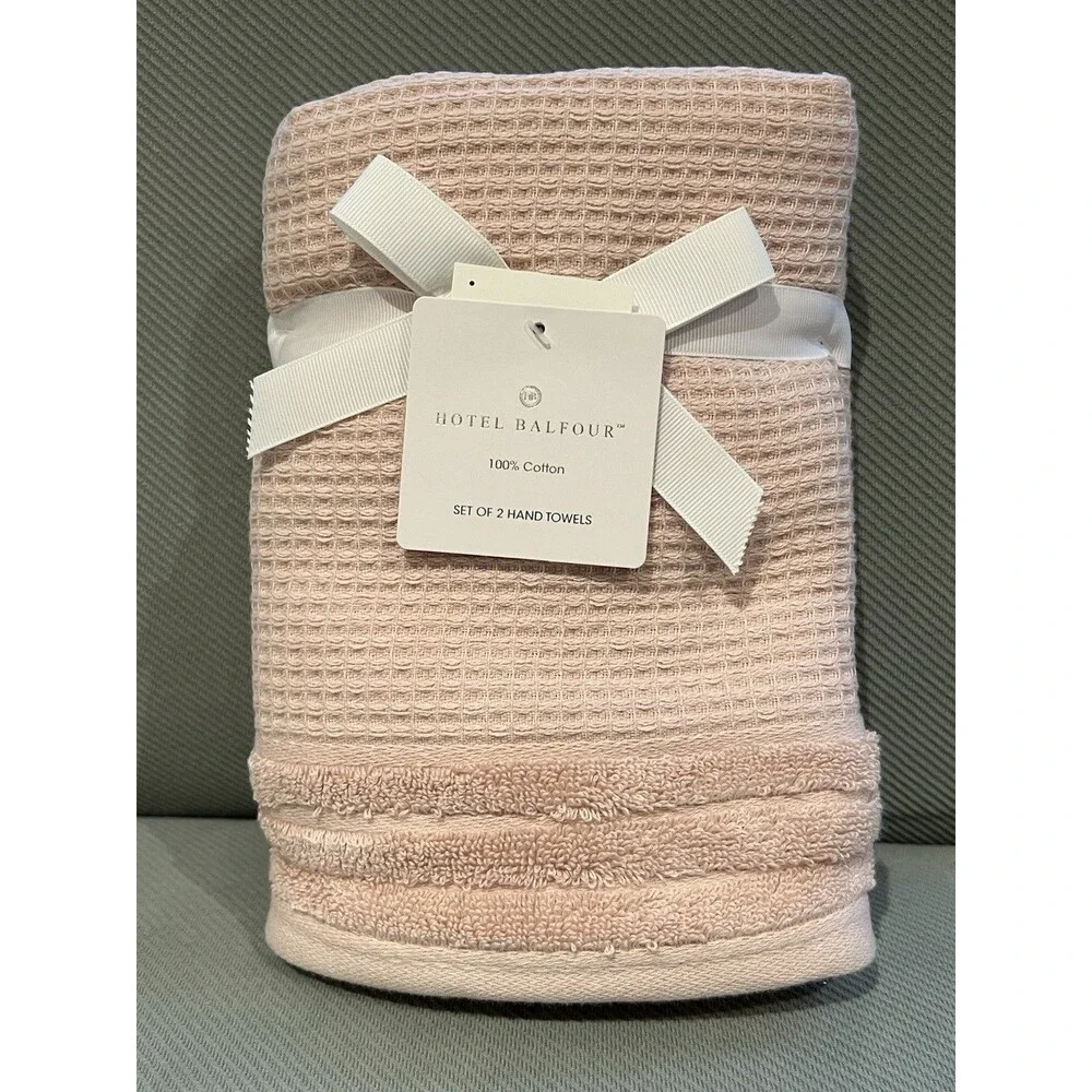 HOTEL BALFOUR Bath Hand Towels 100% Cotton Pink Blush Textured SET OF TWO New